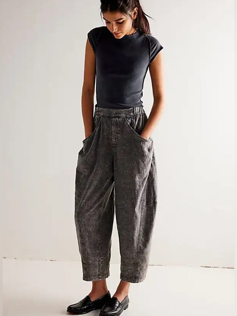 Free People barrel linen Washed light  charcoal gray high-Rise Wide Leg Pants